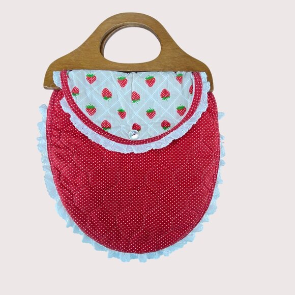 Vintage Wood Handle Placemat Handbag Red White Strawberries - Picture 3 of 10
